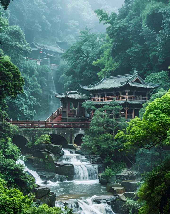 Templos y cascada en la montaña sagrada